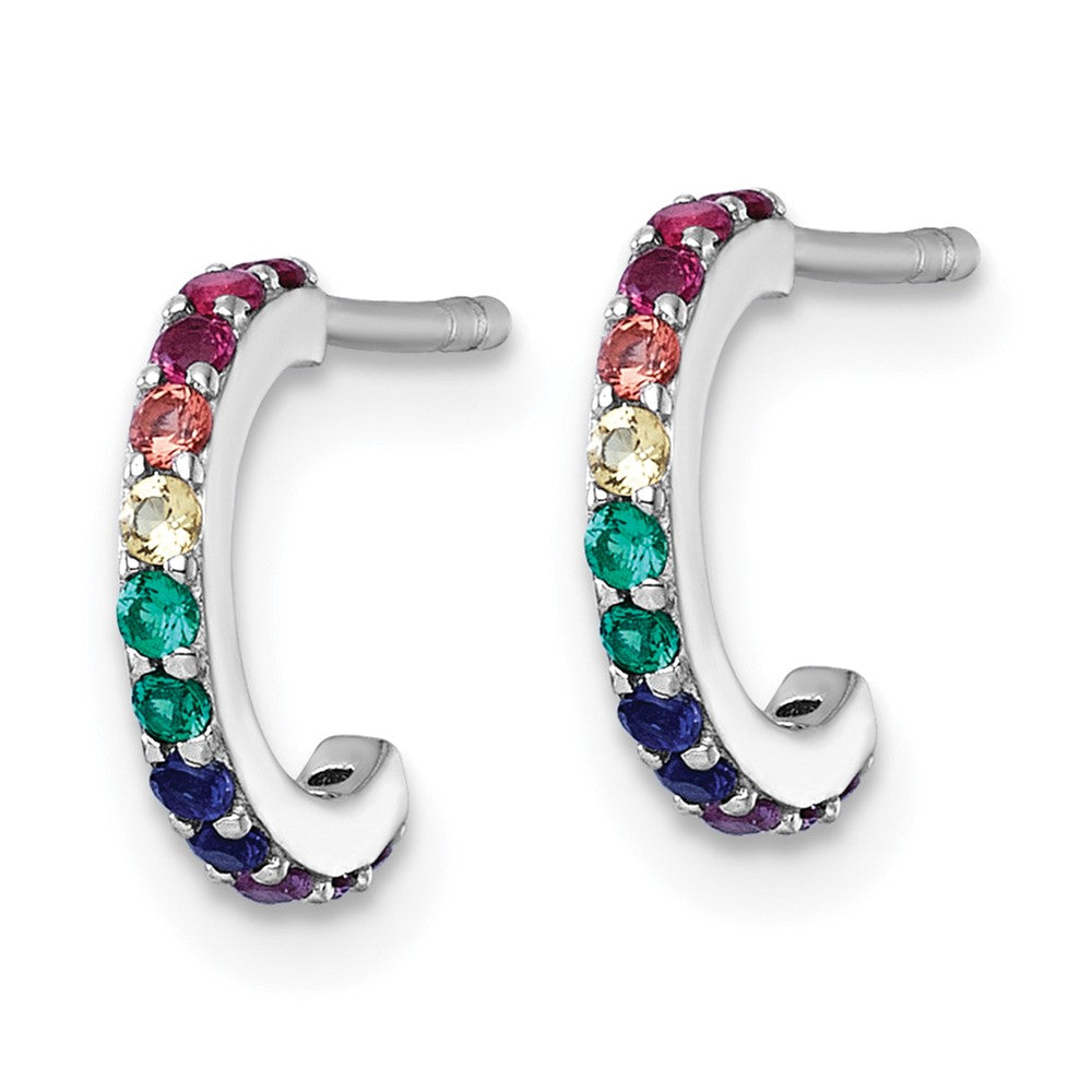 QE18305 Sterling Silver Rhodium-plated Polished Rainbow Nano Crystals Childrens J-Hoop Post Earrings