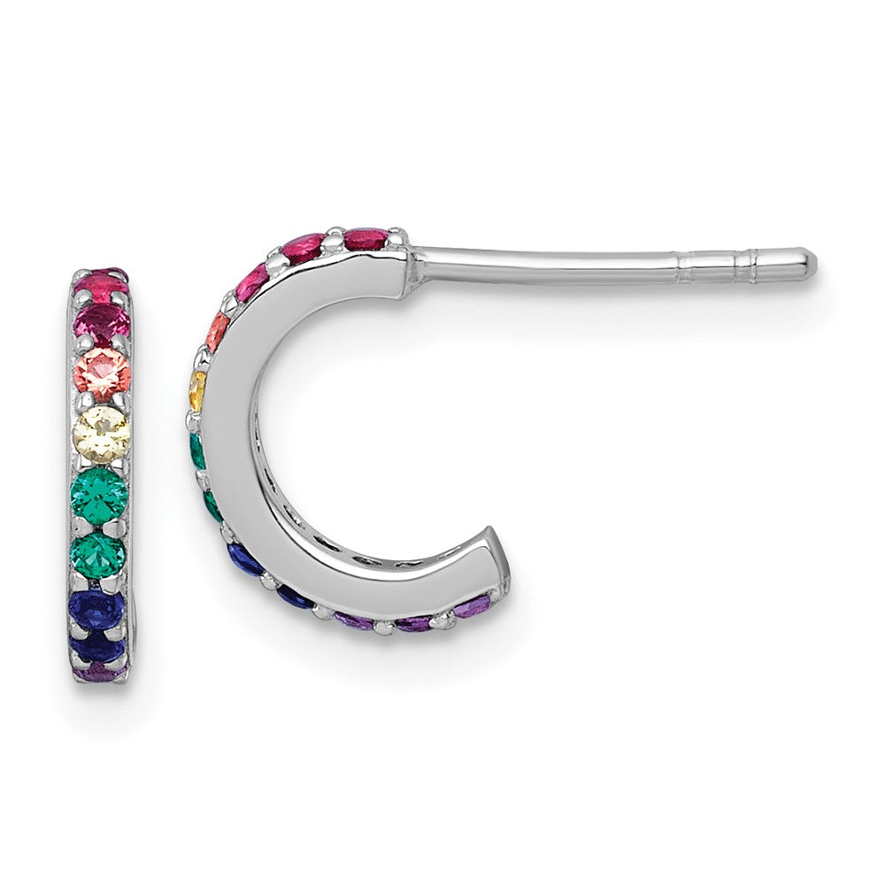 QE18305 Sterling Silver Rhodium-plated Polished Rainbow Nano Crystals Childrens J-Hoop Post Earrings