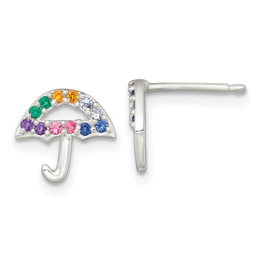 QE18306 Sterling Silver Polished Multi-color Nano Crystals Umbrella Childrens Post Earrings