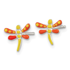 QE18309 Sterling Silver Polished Yellow and Orange Enameled Dragonfly Childrens Post Earrings