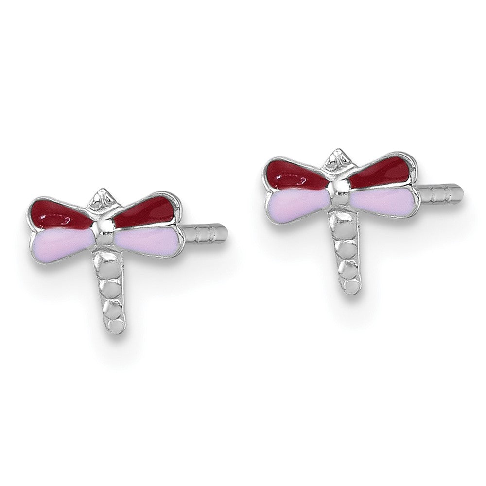 QE18310 Sterling Silver Madi K Rhodium-plated Enameled Red And Pink Dragonfly Childrens Post Earrings