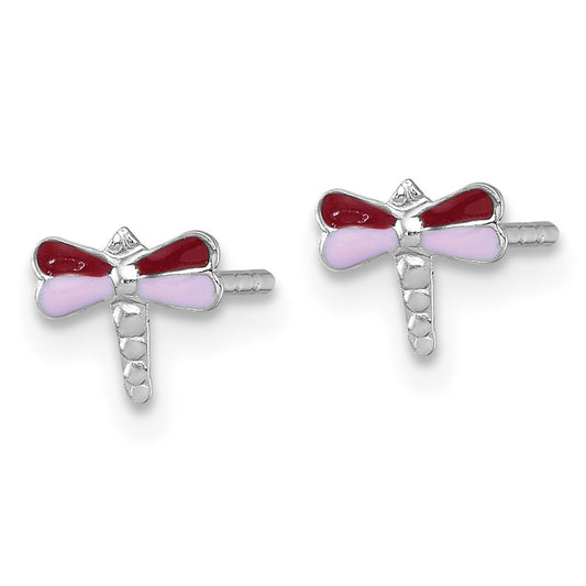 QE18310 Sterling Silver Madi K Rhodium-plated Enameled Red And Pink Dragonfly Childrens Post Earrings
