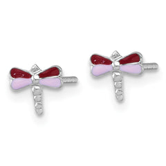 QE18310 Sterling Silver Madi K Rhodium-plated Enameled Red And Pink Dragonfly Childrens Post Earrings