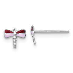 QE18310 Sterling Silver Madi K Rhodium-plated Enameled Red And Pink Dragonfly Childrens Post Earrings