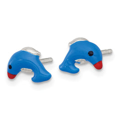QE18311 Sterling Silver Polished Blue/Red/Black Enameled Dolphin Childrens Post Earrings