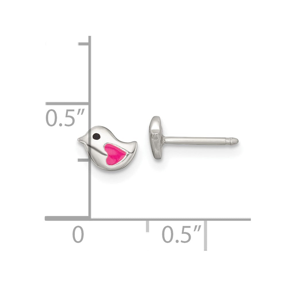 QE18312 Sterling Silver Polished Pink and Black Enameled Heart Bird Childrens Post Earrings