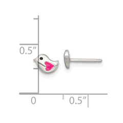 QE18312 Sterling Silver Polished Pink and Black Enameled Heart Bird Childrens Post Earrings