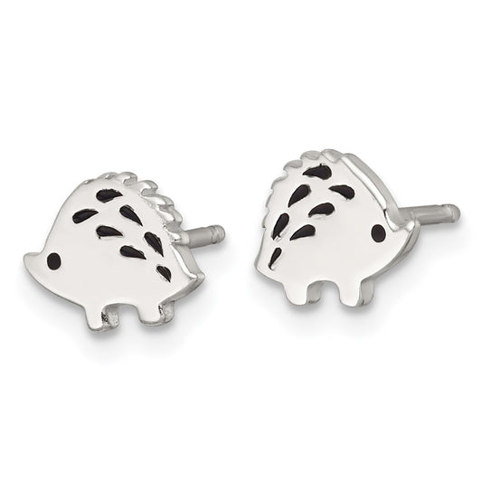 QE18313 Sterling Silver Polished Black Enameled Porcupine Childrens Post Earrings