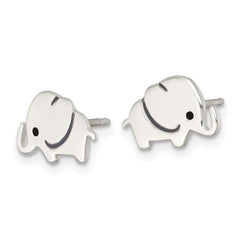 QE18314 Sterling Silver Polished Black Enameled Elephant Childrens Post Earrings
