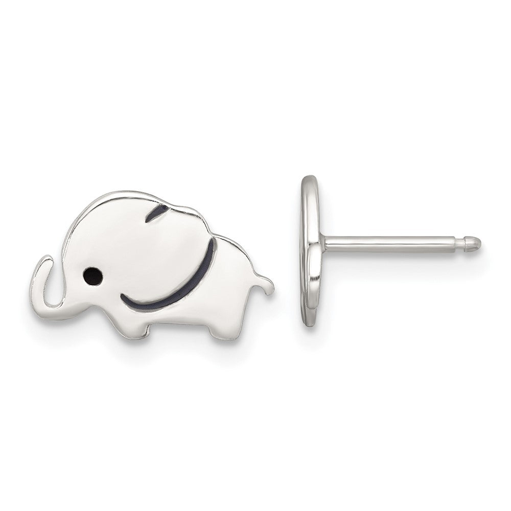 QE18314 Sterling Silver Polished Black Enameled Elephant Childrens Post Earrings