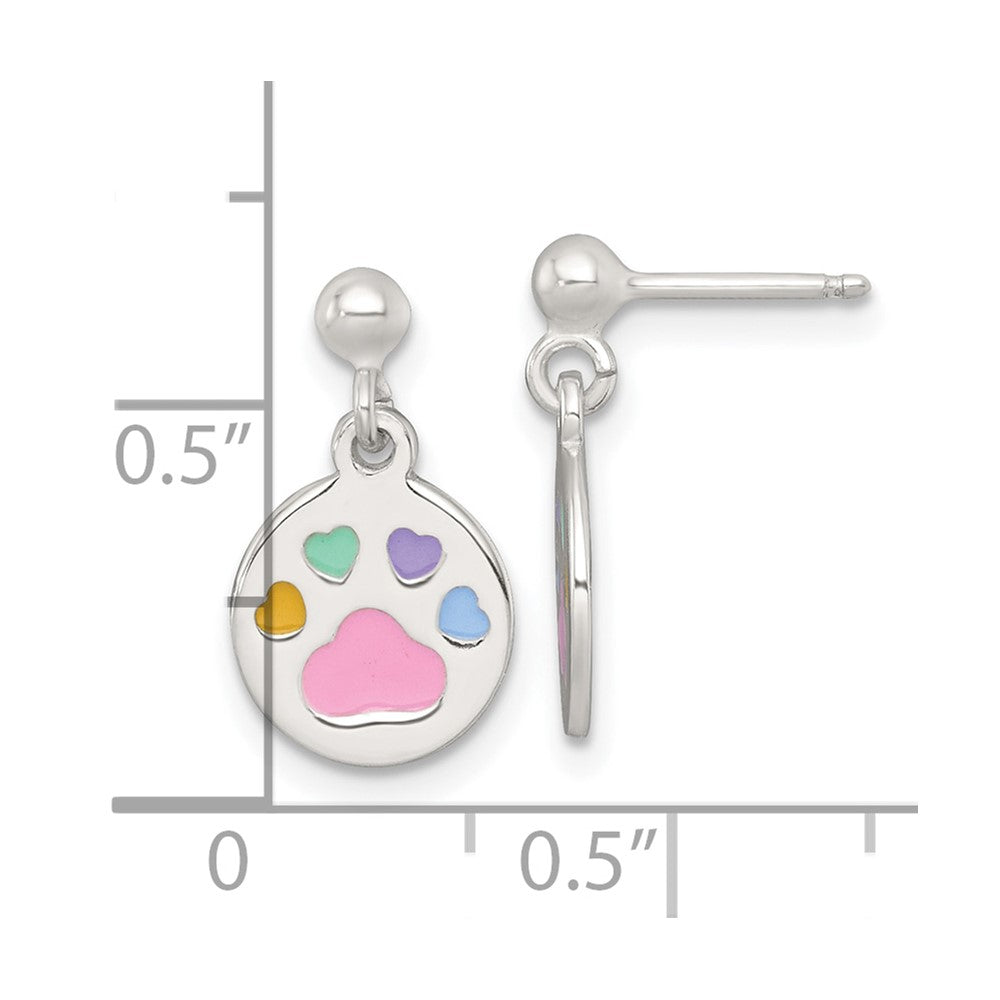 QE18315 Sterling Silver Polished Enameled Multi-color Heart Pawprint Childrens Post Dangle Earrings