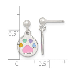 QE18315 Sterling Silver Polished Enameled Multi-color Heart Pawprint Childrens Post Dangle Earrings