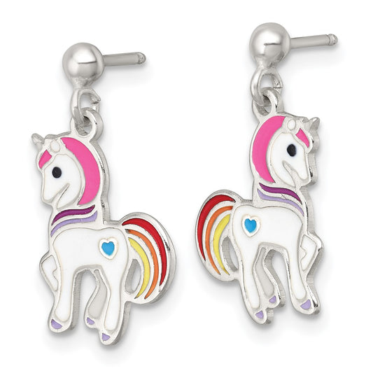 QE18316 Sterling Silver Polished White and Rainbow Enameled Unicorn Childrens Post Dangle Earrings