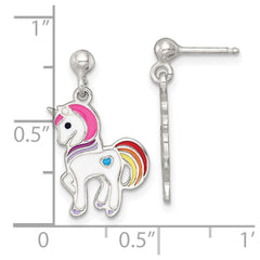QE18316 Sterling Silver Polished White and Rainbow Enameled Unicorn Childrens Post Dangle Earrings