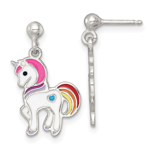 QE18316 Sterling Silver Polished White and Rainbow Enameled Unicorn Childrens Post Dangle Earrings