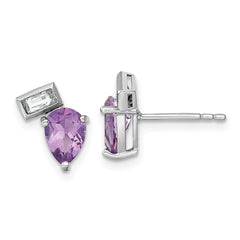 QE18317AM Sterling Silver Rhodium-plated Polished Pear Amethyst and Emerald-cut White Topaz Post Earrings