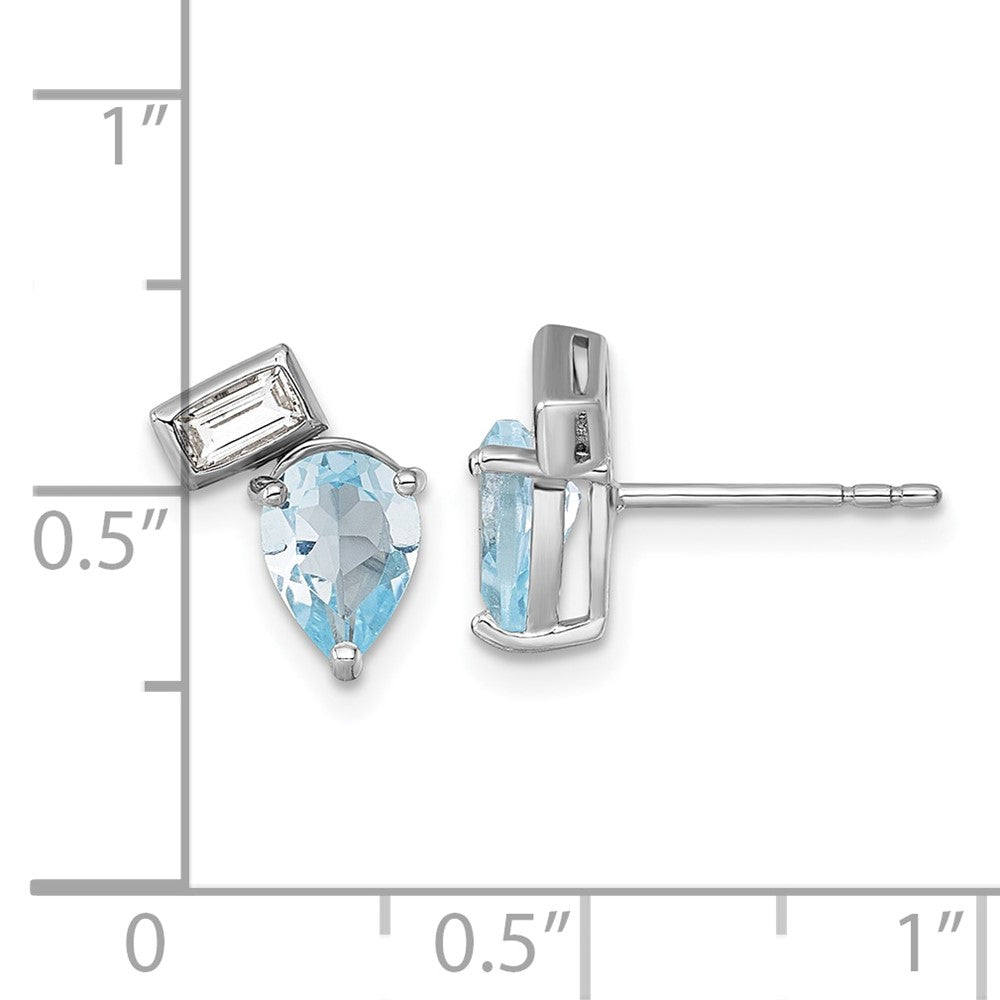 QE18317BT Sterling Silver Rhodium-plated Polished Pear Sky Blue and Emerald-cut White Topaz Post Earrings