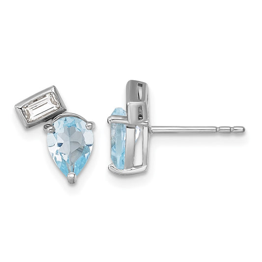 QE18317BT Sterling Silver Rhodium-plated Polished Pear Sky Blue and Emerald-cut White Topaz Post Earrings