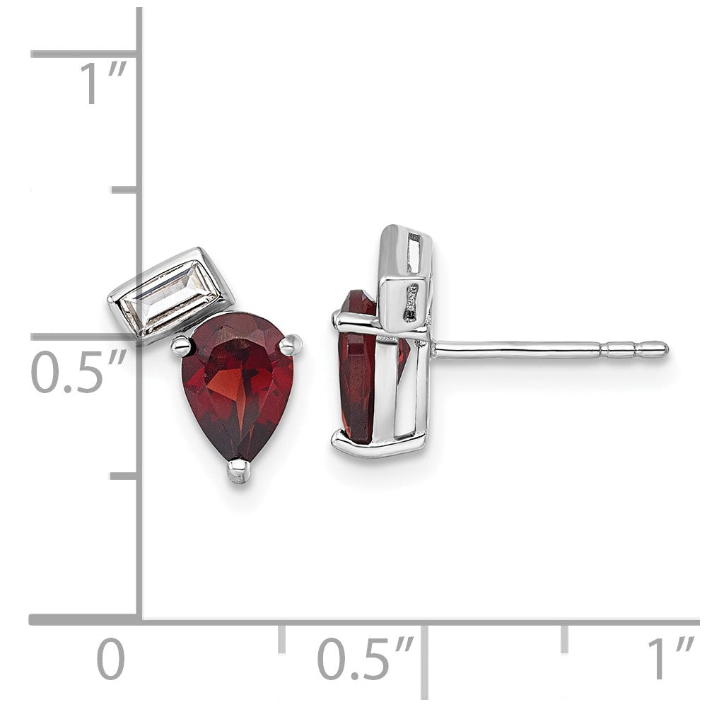 QE18317GA Sterling Silver Rhodium-plated Polished Pear Garnet and Emerald-cut White Topaz Post Earrings