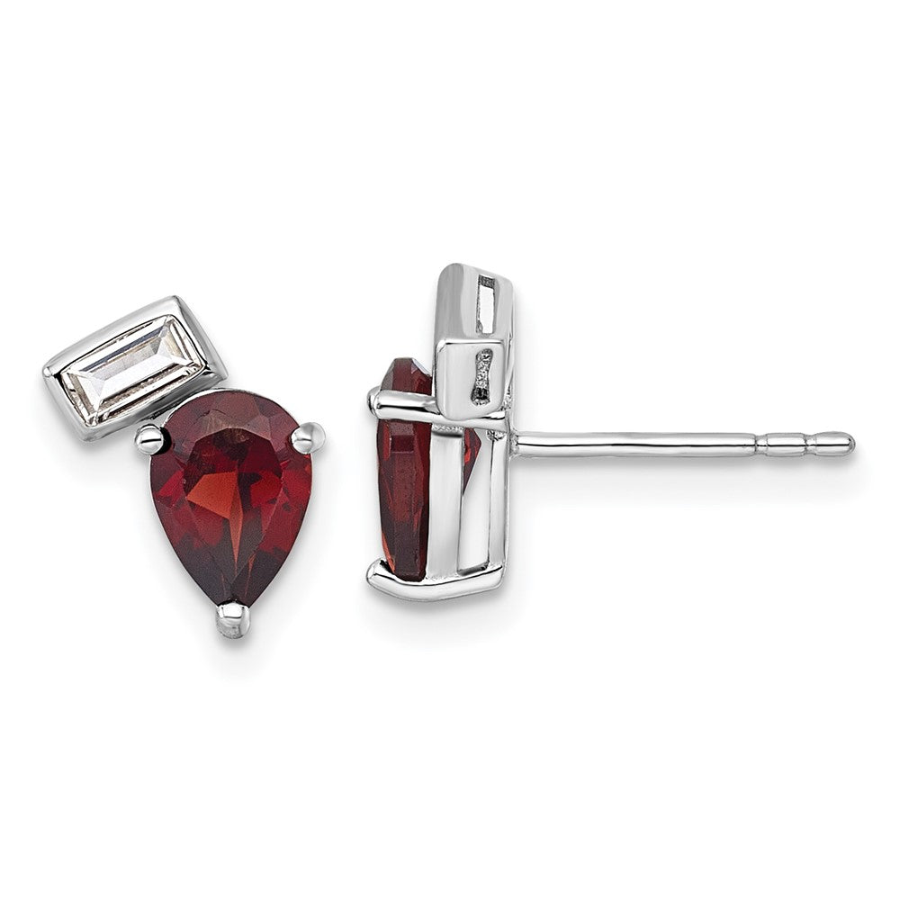 QE18317GA Sterling Silver Rhodium-plated Polished Pear Garnet and Emerald-cut White Topaz Post Earrings