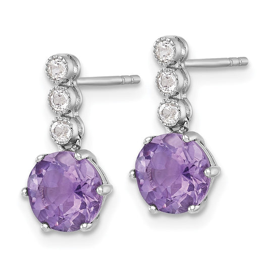 QE18319AM Sterling Silver Rhodium-plated Polished and Beaded Round Amethyst and White Topaz Dangle Post Earrings