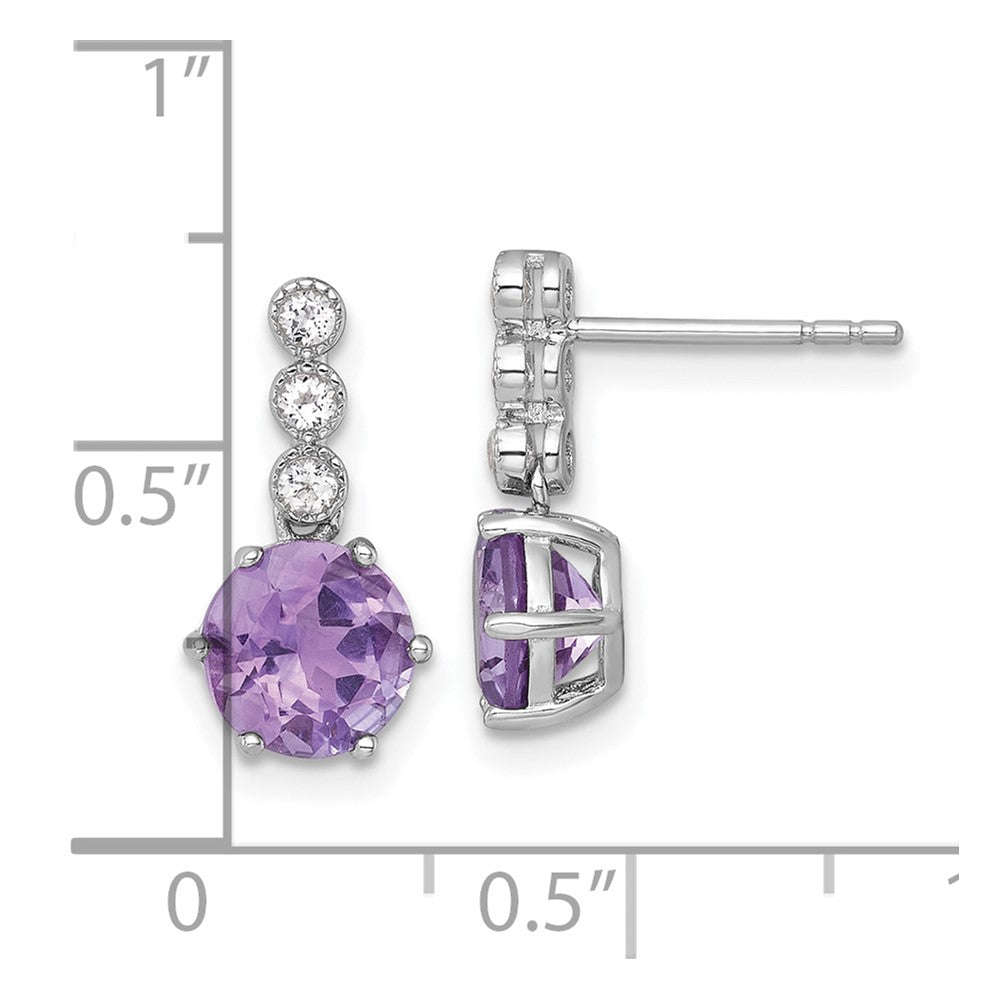 QE18319AM Sterling Silver Rhodium-plated Polished and Beaded Round Amethyst and White Topaz Dangle Post Earrings