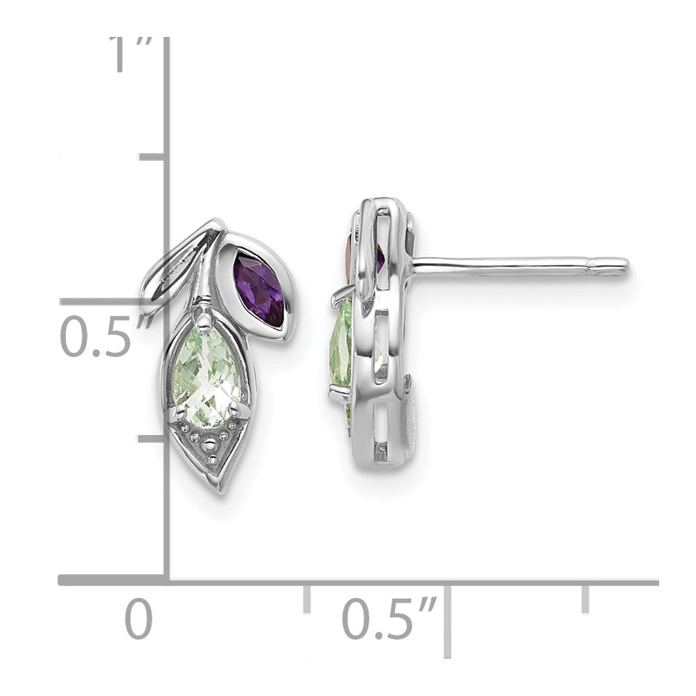 QE18322AG_AM Sterling Silver Rhodium-plated Polished Amethyst and Green Quartz Leaf Post Earrings