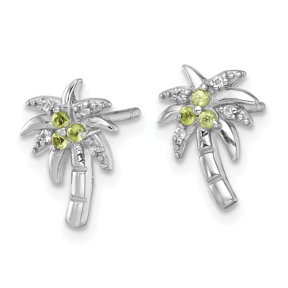 QE18323PE Sterling Silver Rhodium-plated Polished and Grooved Peridot and White Topaz Palm Tree Post Earrings