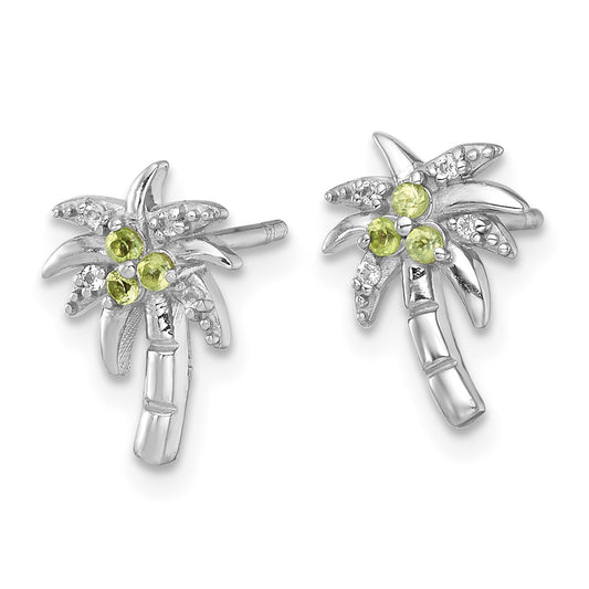 QE18323PE Sterling Silver Rhodium-plated Polished and Grooved Peridot and White Topaz Palm Tree Post Earrings