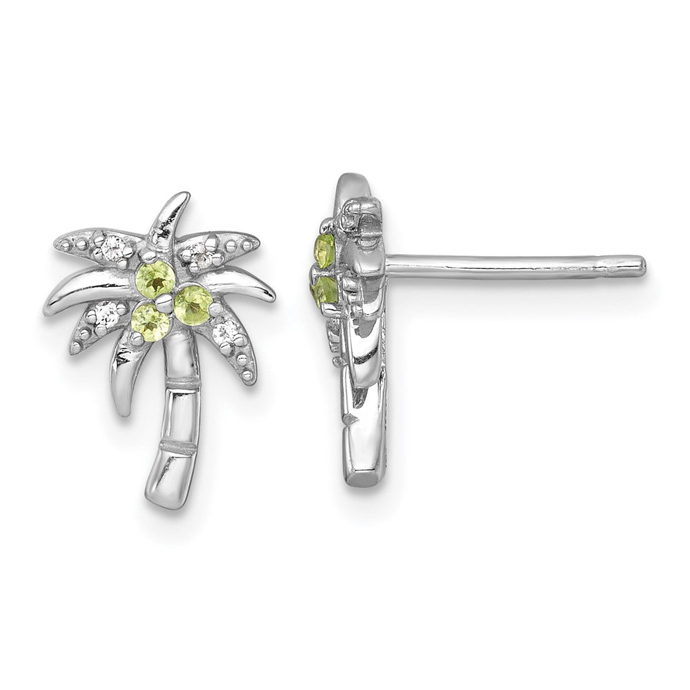 QE18323PE Sterling Silver Rhodium-plated Polished and Grooved Peridot and White Topaz Palm Tree Post Earrings