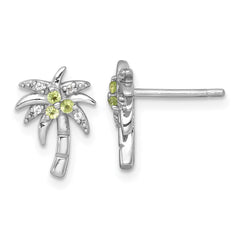 QE18323PE Sterling Silver Rhodium-plated Polished and Grooved Peridot and White Topaz Palm Tree Post Earrings