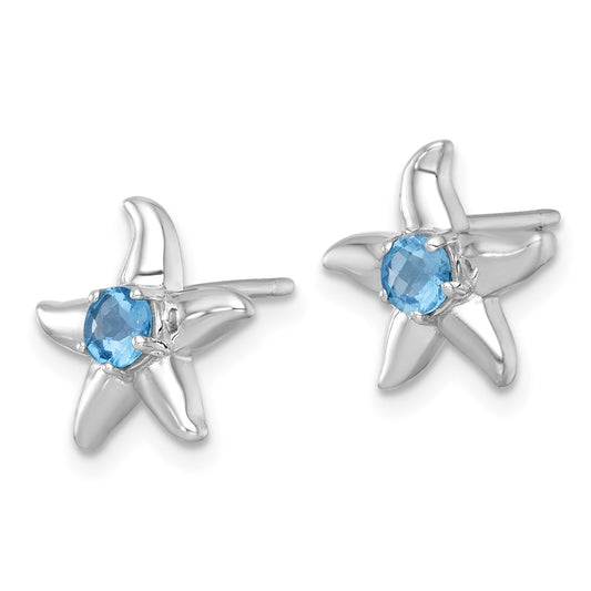 QE18325BT Sterling Silver Rhodium-plated Polished Round Light Swiss Blue Topaz Starfish Post Earrings