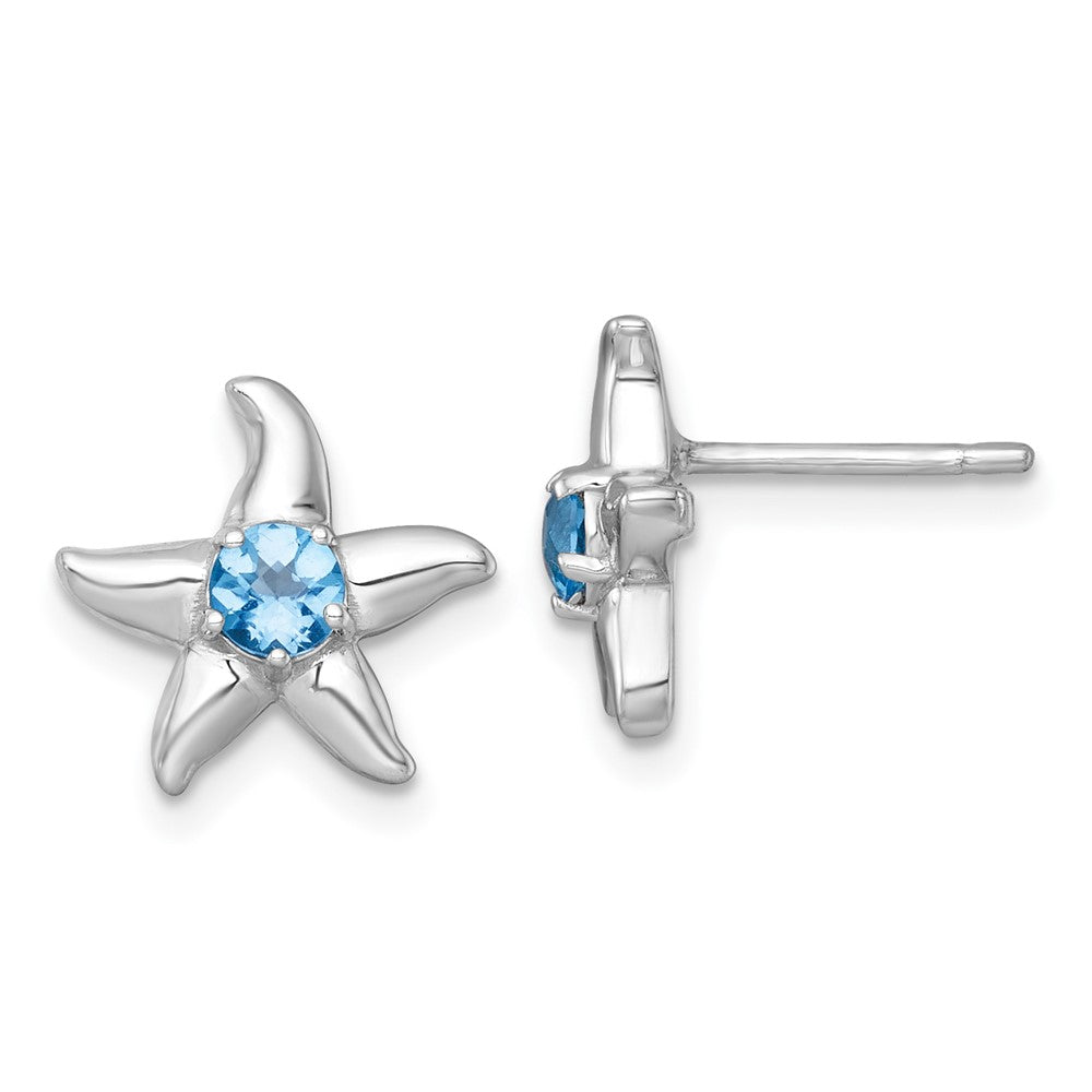 QE18325BT Sterling Silver Rhodium-plated Polished Round Light Swiss Blue Topaz Starfish Post Earrings