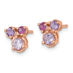 QE18326PQ Sterling Silver Rose Gold-plated Polished Round Amethyst, Pink Quartz and Rhodolite Garnet Post Earrings