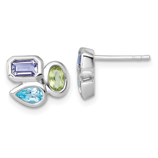 QE18327RB Sterling Silver Rhodium-plated Polished Pear Blue Topaz, Oval Peridot and Emerald-cut Amethyst Post Earrings