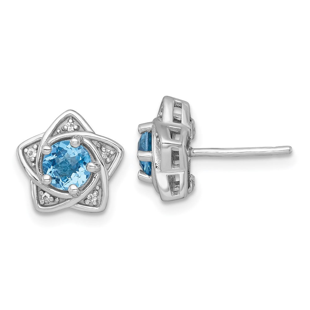 QE18328BT Sterling Silver Rhodium-plated Polished Round Light Swiss Blue and White Topaz Star Post Earrings