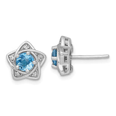 QE18328BT Sterling Silver Rhodium-plated Polished Round Light Swiss Blue and White Topaz Star Post Earrings