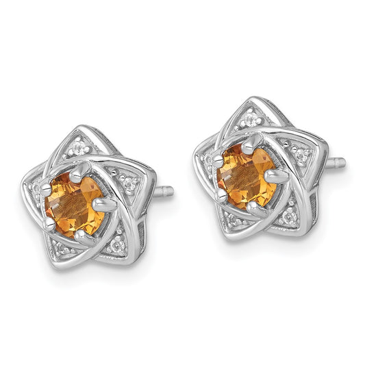 QE18328CI Sterling Silver Rhodium-plated Polished Citrine and White Topaz Star Post Earrings