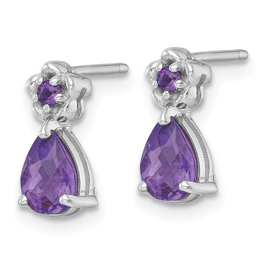 QE18331AM Sterling Silver Rhodium-plated Polished Amethyst Teardrop and Flower Post Earrings