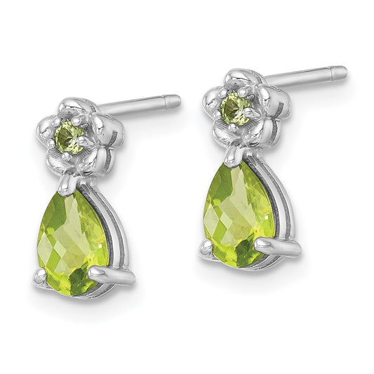 QE18331PE Sterling Silver Rhodium-plated Polished Peridot Teardrop and Flower Post Earrings