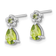 QE18331PE Sterling Silver Rhodium-plated Polished Peridot Teardrop and Flower Post Earrings