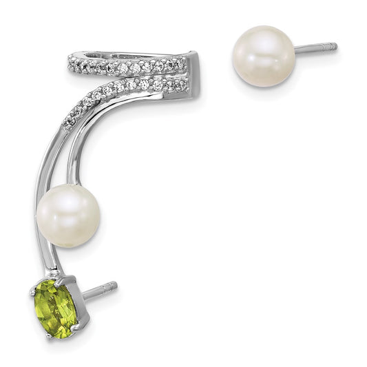 QE18336PE Sterling Silver Rhodium-plated CZ, White Freshwater Cultured Pearl and .49ct Oval Peridot Post and Cuff Asymmetric Earrings
