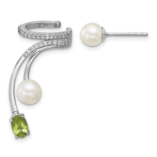 QE18336PE Sterling Silver Rhodium-plated CZ, White Freshwater Cultured Pearl and .49ct Oval Peridot Post and Cuff Asymmetric Earrings
