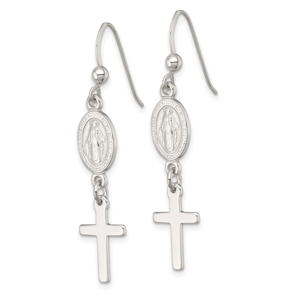 QE18337 Sterling Silver Polished Spanish Miraculous Medal and Cross Dangle Shepherd Hook Earrings