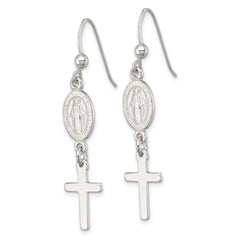 QE18337 Sterling Silver Polished Spanish Miraculous Medal and Cross Dangle Shepherd Hook Earrings