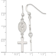 QE18337 Sterling Silver Polished Spanish Miraculous Medal and Cross Dangle Shepherd Hook Earrings