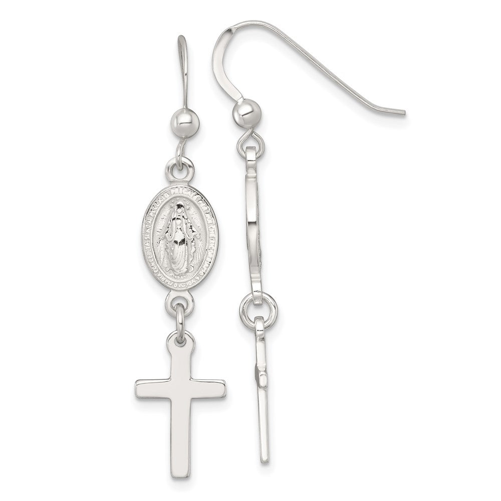 QE18337 Sterling Silver Polished Spanish Miraculous Medal and Cross Dangle Shepherd Hook Earrings