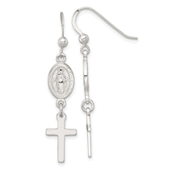 QE18337 Sterling Silver Polished Spanish Miraculous Medal and Cross Dangle Shepherd Hook Earrings