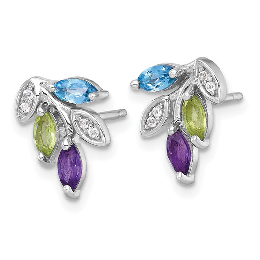QE18339BT Sterling Silver Rhodium-plated Polished Amethyst, Peridot, and Blue and White Topaz Leaf Post Earrings