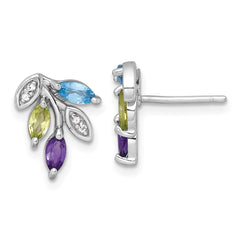 QE18339BT Sterling Silver Rhodium-plated Polished Amethyst, Peridot, and Blue and White Topaz Leaf Post Earrings